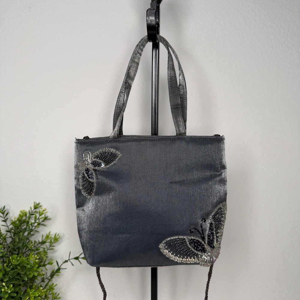 Hillard & Hanson Hand‎ Bag Crossbody Grey Beaded Butterfly Y2K Whimsigoth Small
